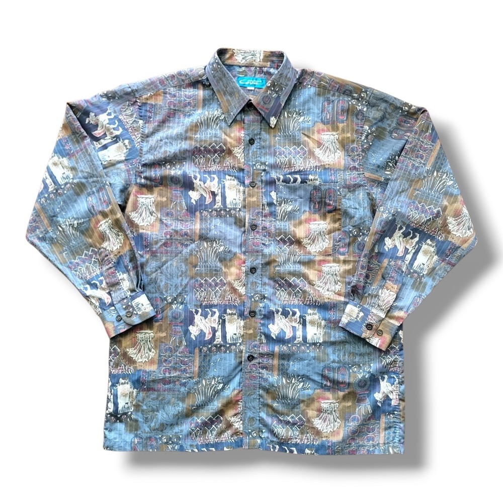 Vintage Cova Mens Dress Shirt M-L Purple Baroque Print Button Up 90s